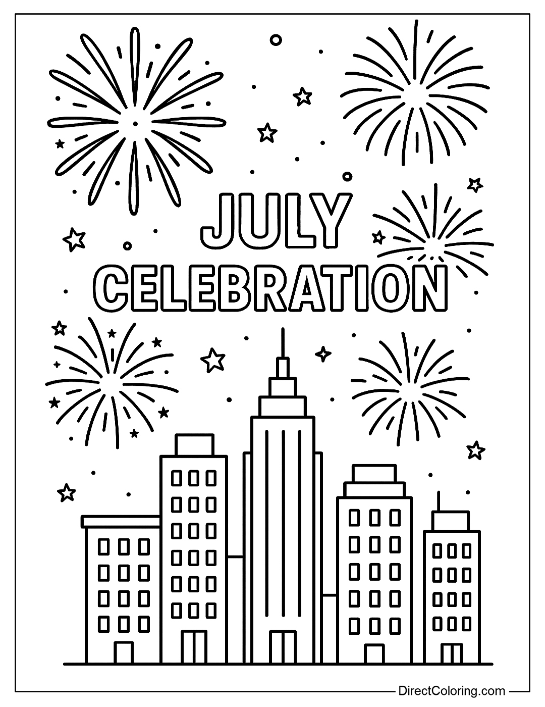 A coloring page of a city with fireworks exploding above and the words 
